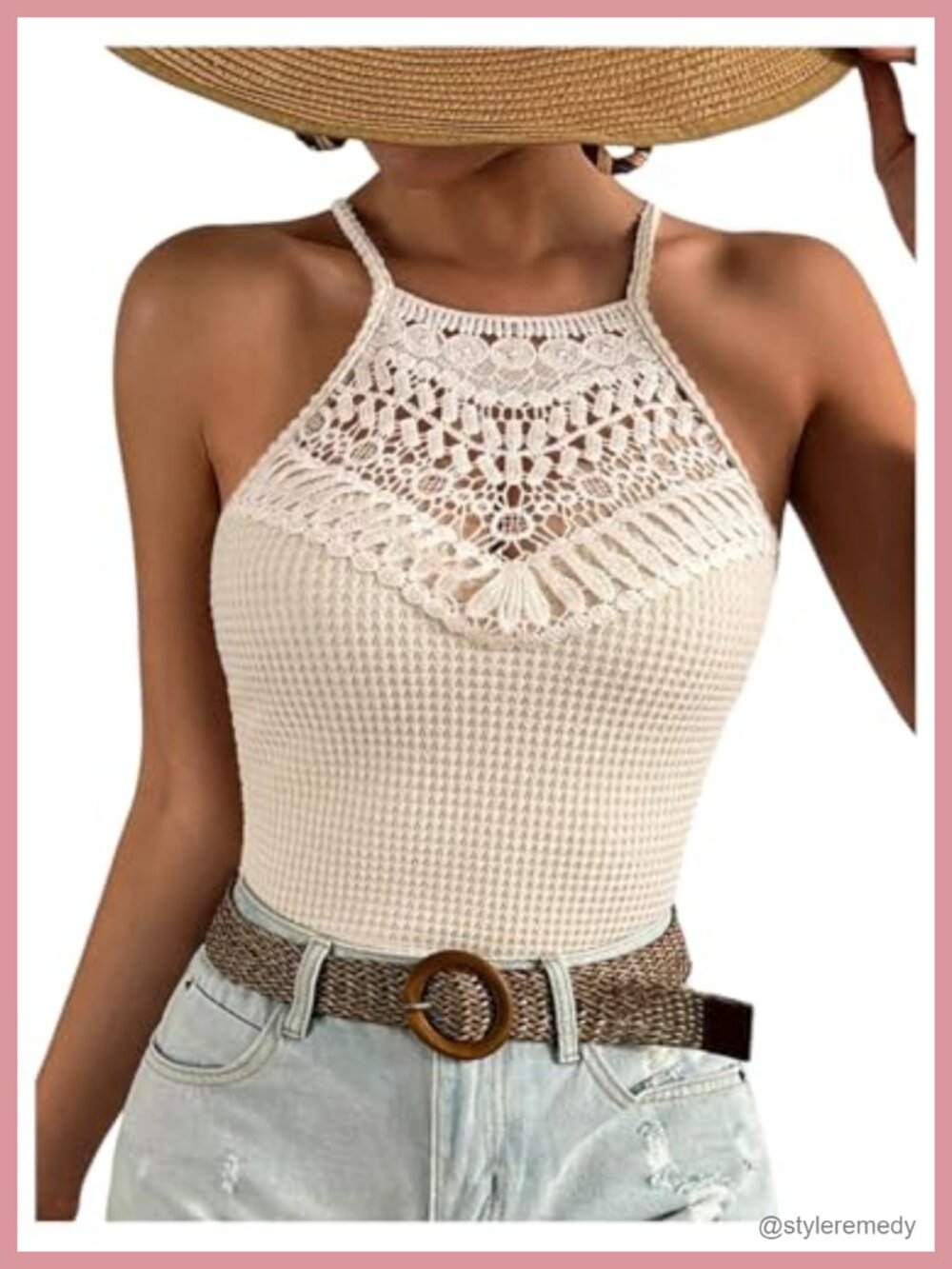 Crochet Halter Lace Waffle Knit Tie Back Boho Crop Top